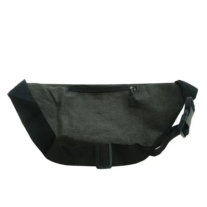 Waist bag in dark gray with front zip pocket and adjustable strap with buckle.