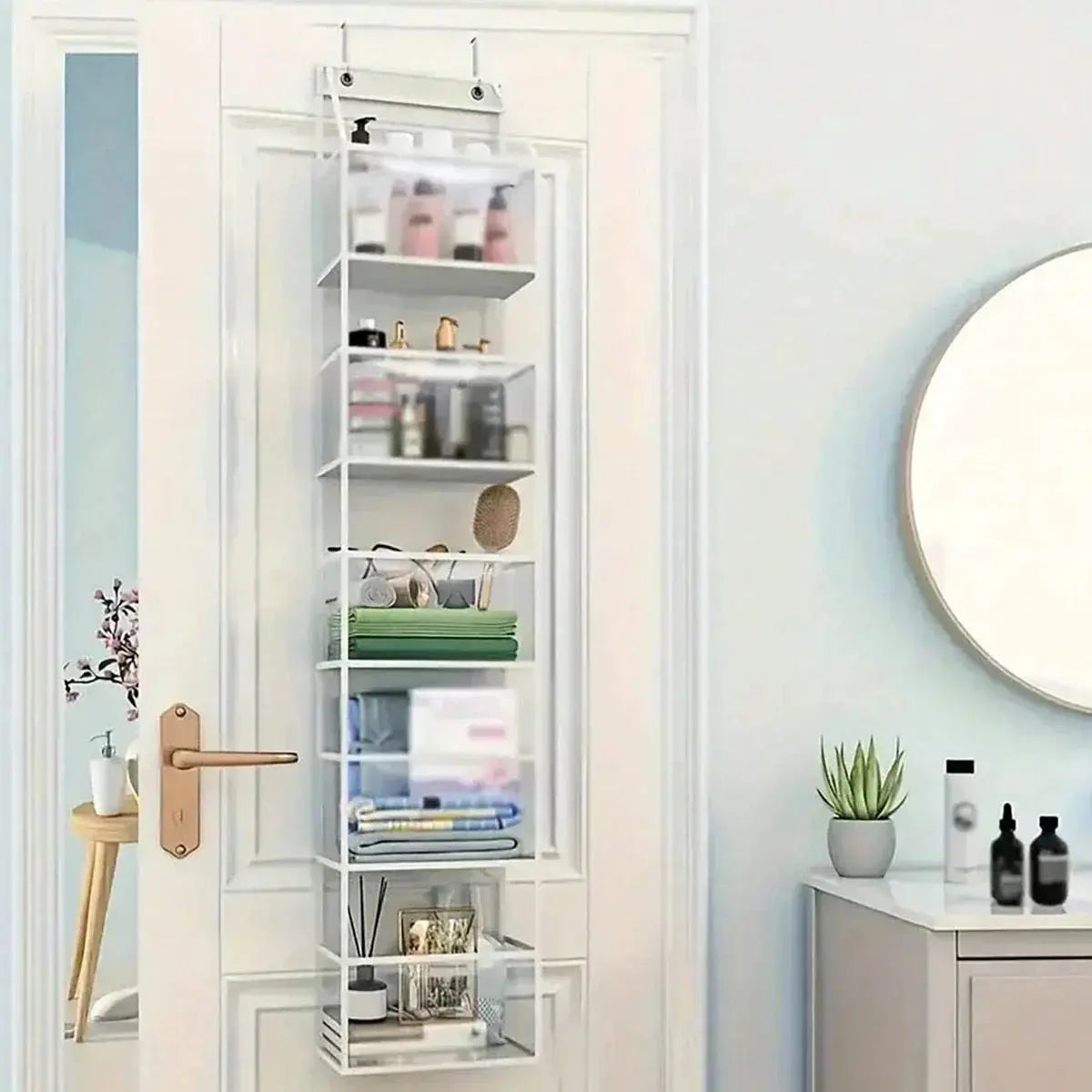 White over-the-door fabric hanging storage organizer with clear pockets for underwear and clothes