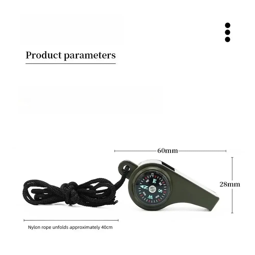 Simples Market 3-in-1 outdoor emergency whistle with compass, olive-green body and black lanyard