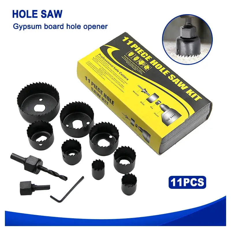 11 Piece Black Hole Saw Set For Woodworking And Gypsum Board And Ceiling 19 To 64 Mm With Plastic Storage Box