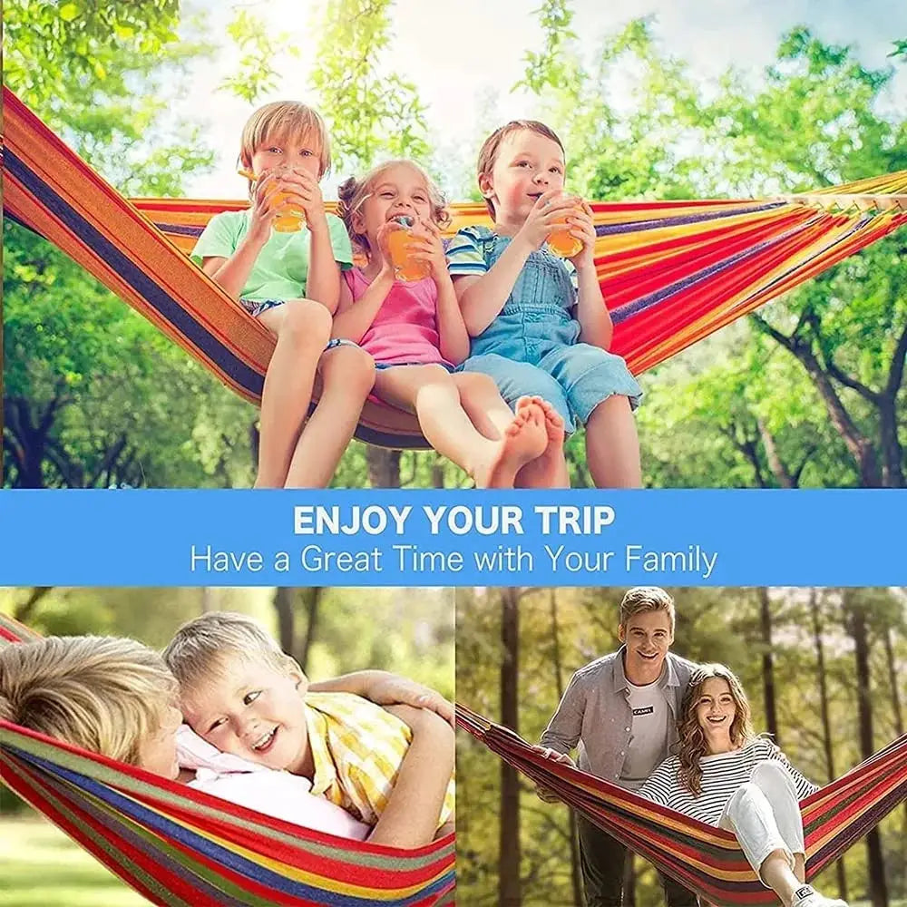 Double canvas cotton hammock for 2 people by Simples Market in red and blue with tree straps