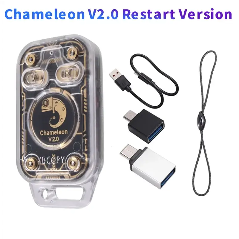 Chameleon V2.0 RFID reader emulator by Simples Market; transparent case, USB cable, two adapters, and lanyard