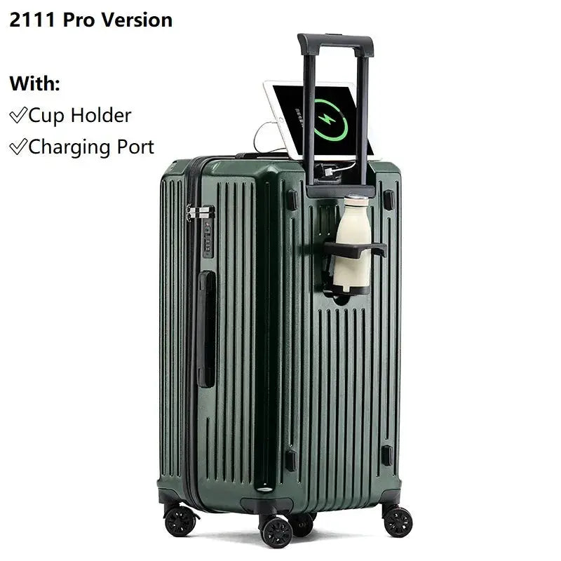 Simples Market 2024 green carry-on suitcase with large capacity, cup holder and USB charging port.