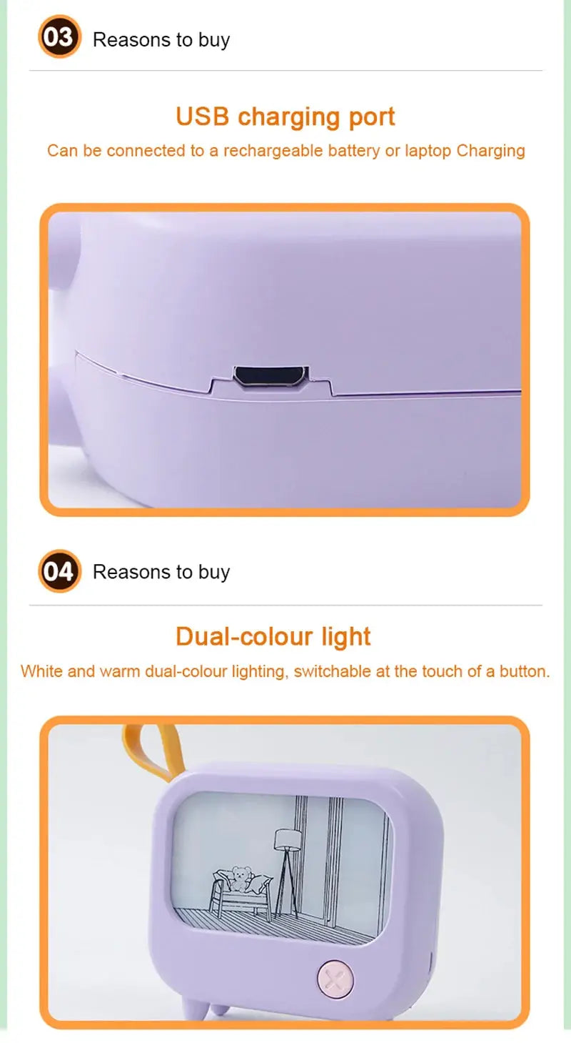 Simples Market TV Painting Night Light LED in lavender purple, kid-friendly mini desktop lamp with dual-color lighting