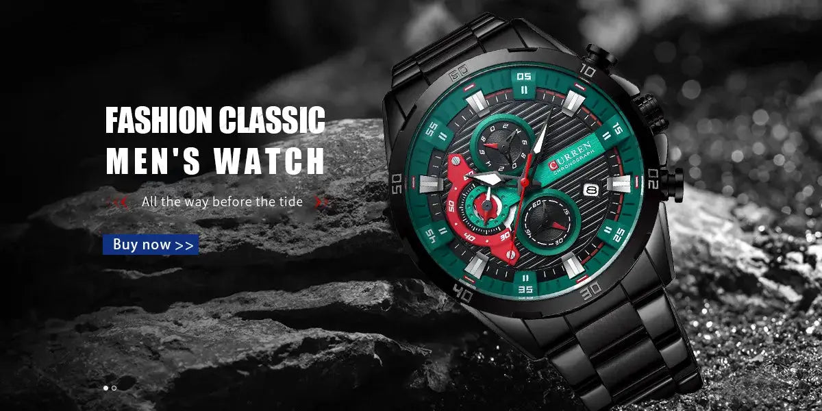 CURREN men's stainless steel chronograph watch with luminous teal dial, red accents, and black bracelet.