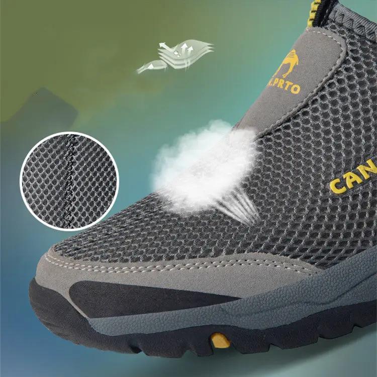 Men's mesh slip-on outdoor sneakers by Simples Market, gray breathable summer footwear.