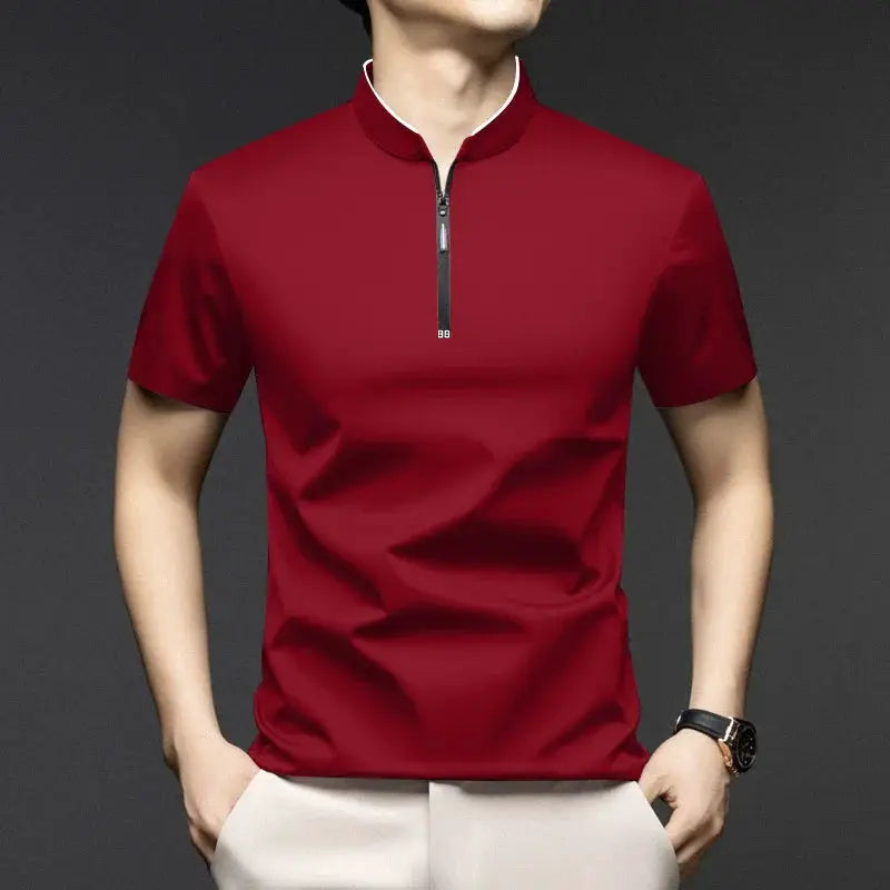 Men's red short-sleeve polo shirt with stand-up collar and zip front