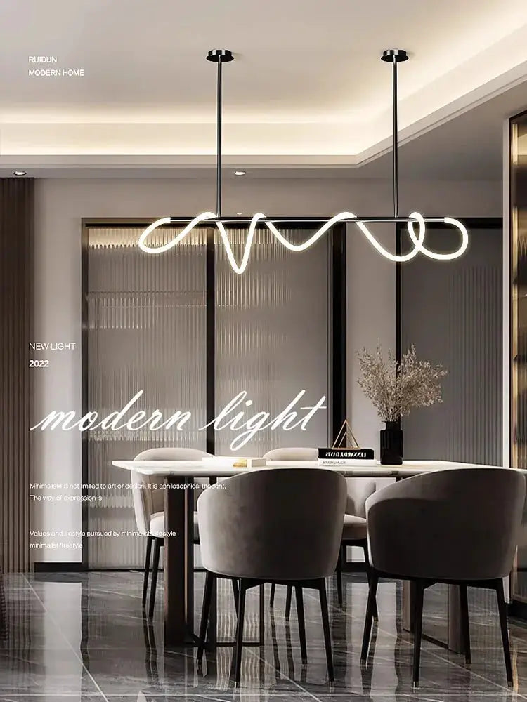 Nordic pendant light chandelier for dining with a white sculptural LED loop and two black suspension rods