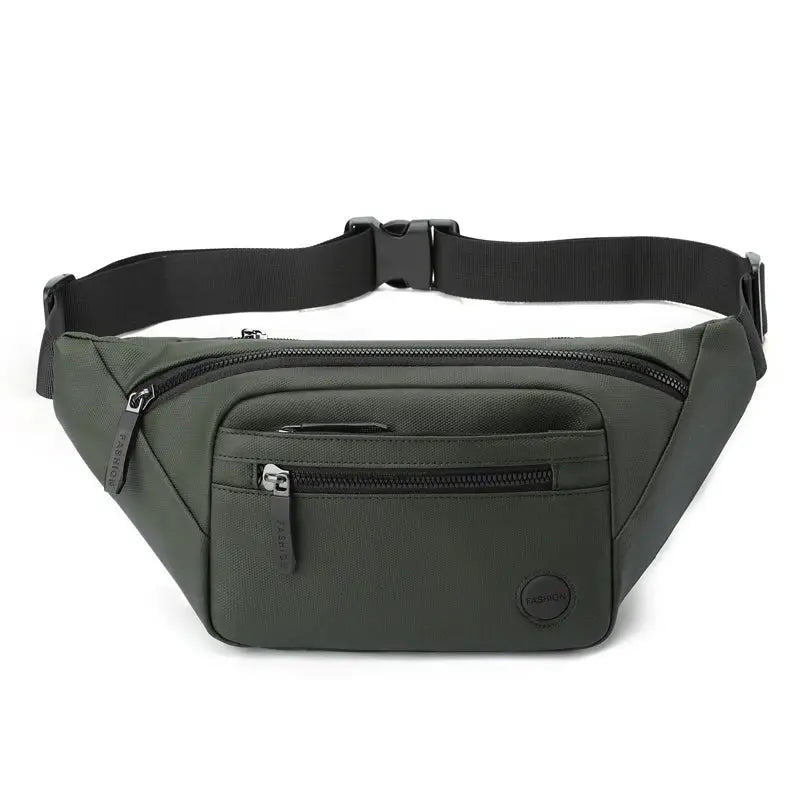 Unisex waterproof waist bag in olive green nylon with black adjustable strap and multiple zip pockets