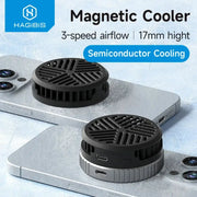 Hagibis magnetic phone cooler, black circular 3-speed airflow semiconductor cooling, two units shown on iPhones.