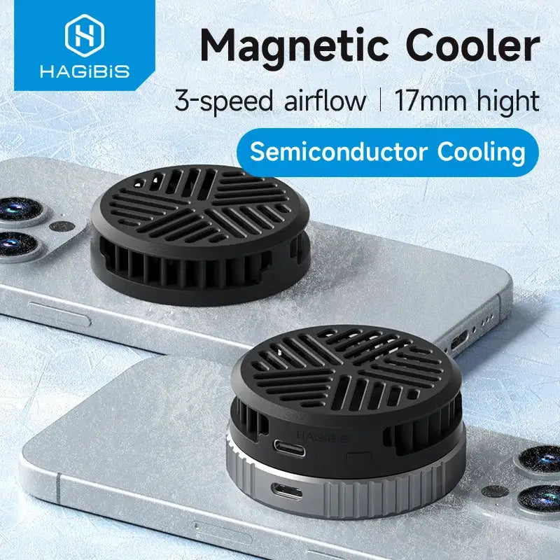 Hagibis magnetic phone cooler, black circular 3-speed airflow semiconductor cooling, two units shown on iPhones.
