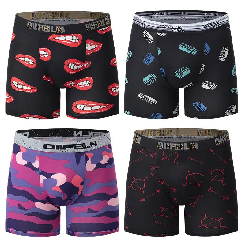 4-pack men's boxer shorts in assorted prints: red lips, blue pencils, purple camo, red arrows; DIFFLN waistband
