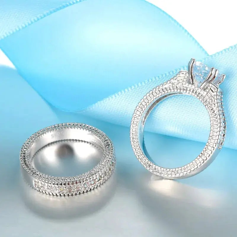 925 Sterling Silver Couples Ring Set for Engagement and Wedding with Cubic Zirconia Stones