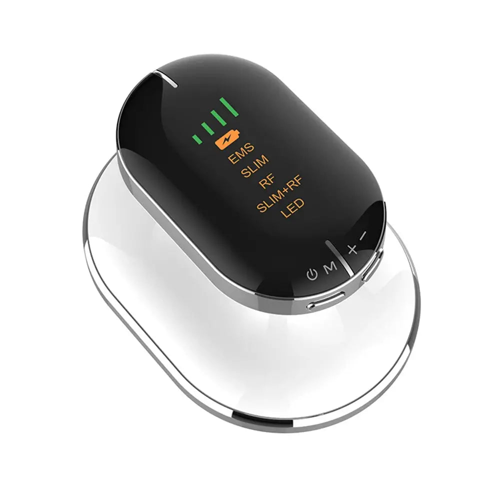 Body slimming massager cordless handheld device with LED indicators and 4 modes, black and silver finish