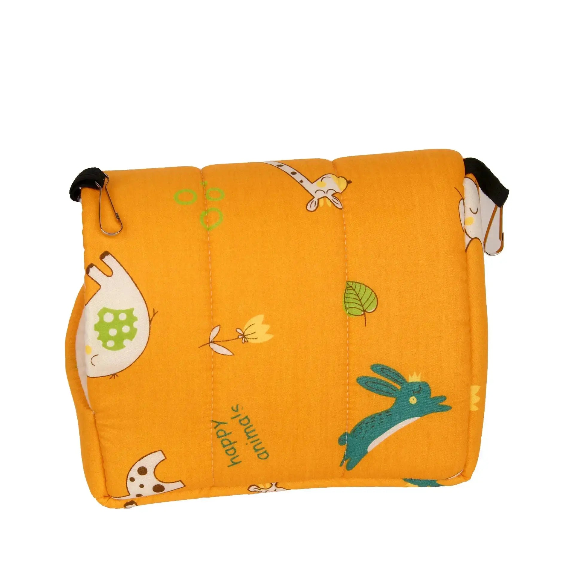 Bird bed in orange fabric with printed designs and metal hanging hooks