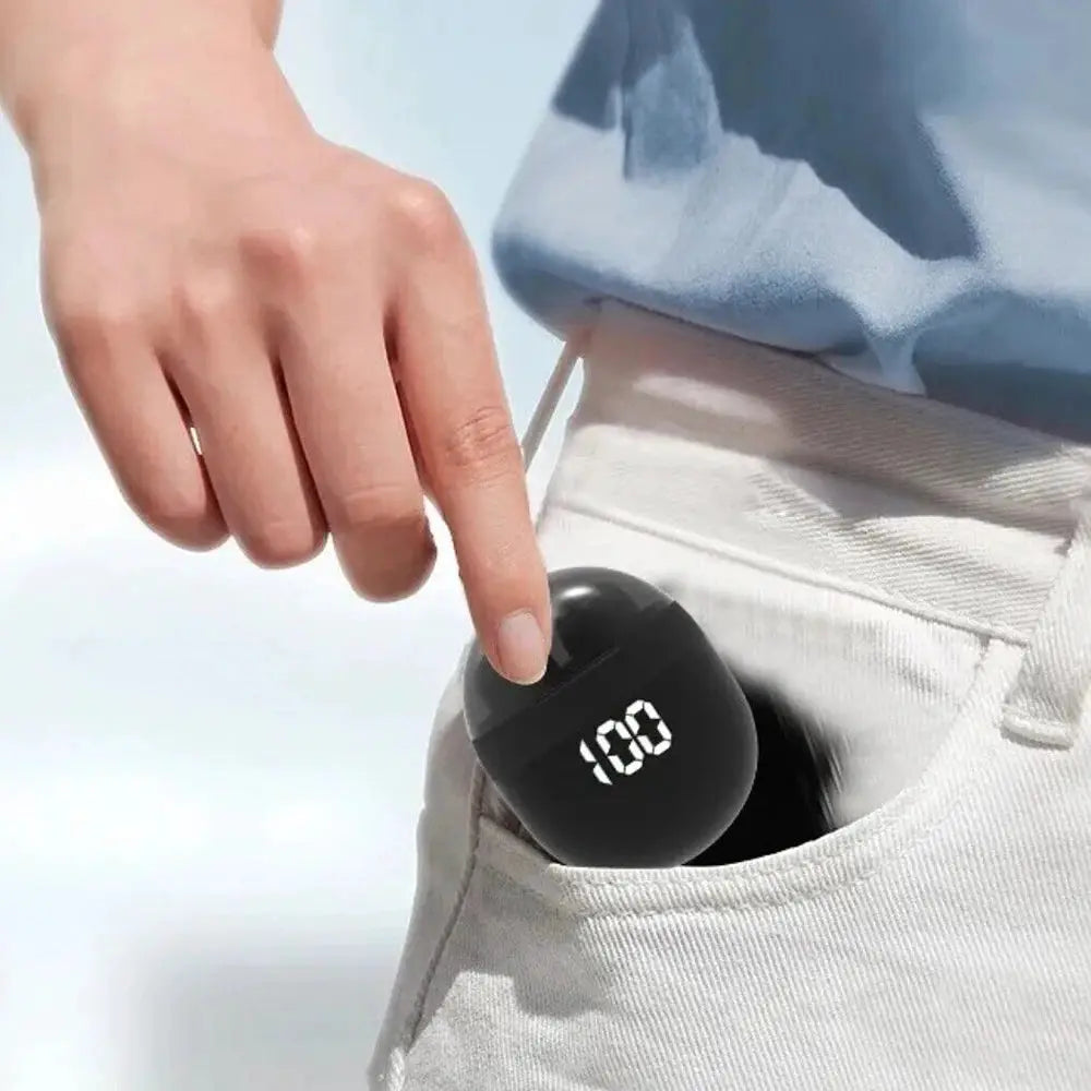 SK18 Mini Invisible Headphones, black wireless earbuds with digital display, in pocket