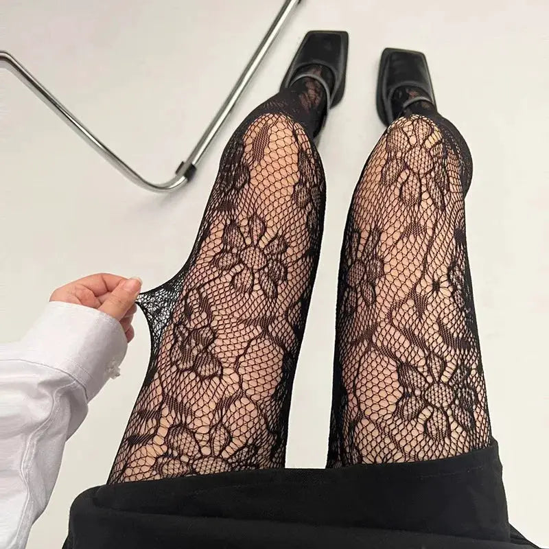 Lolita Sweet Floral Punk Style Colorful Thigh High Tights Hollow Out Mesh Fishnet Design For Women