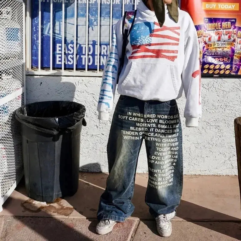Deeptown Vintage Letter Print Y2K Harajuku Wide Leg Denim Pants