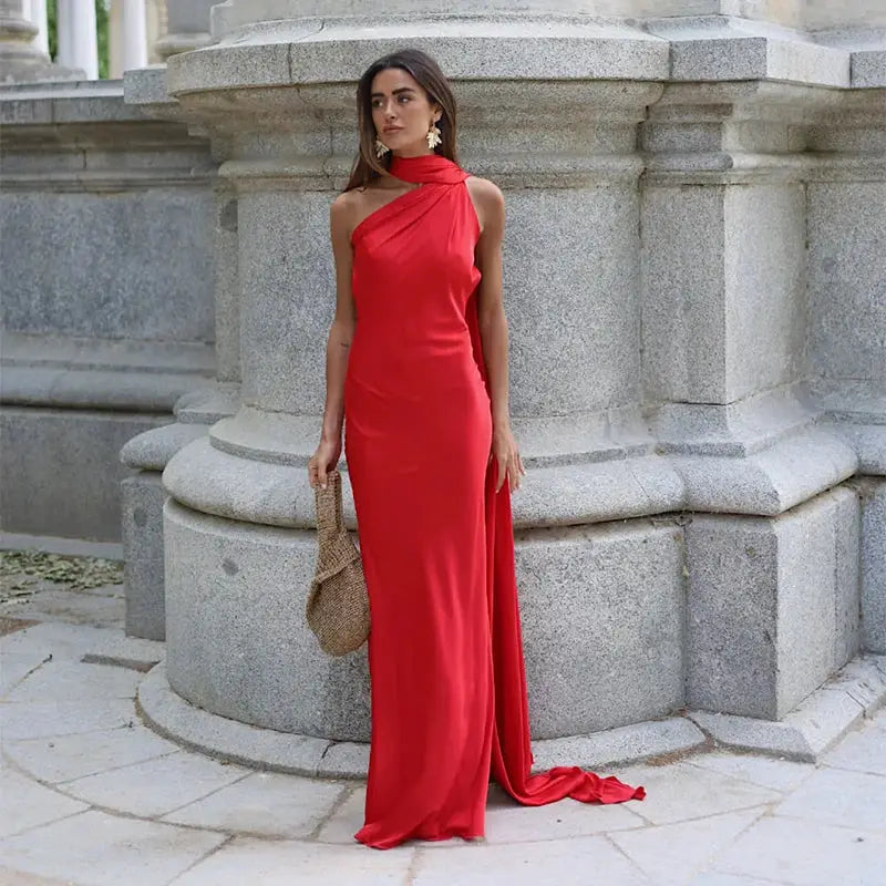 Elegant Ribbon Halter Dress Slim Fit Backless Maxi Off Shoulder Sleeveless Party Dress For Summer