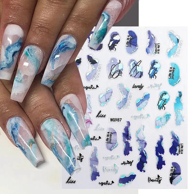 Nail art decals sheet by Simples Market; colorful bronzing striped geometric and floral 3D stickers for long nails