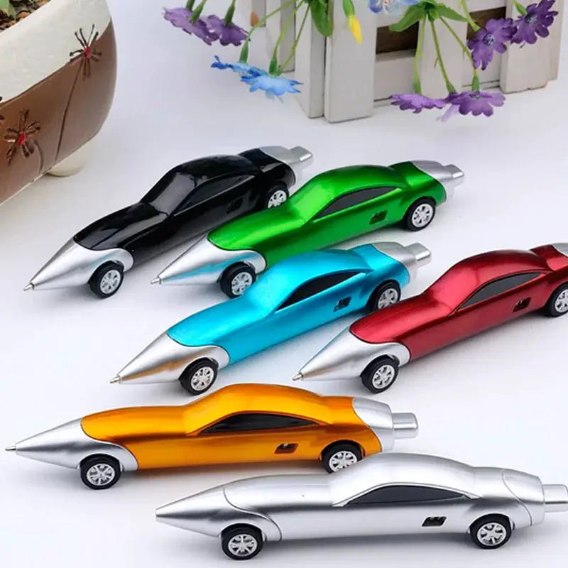 Six candy-colored car-shaped ballpoint pens with metallic silver accents