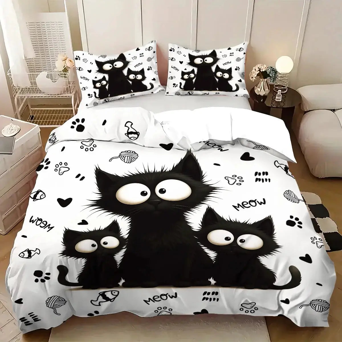 3pc Simples Market black cat bedding set with duvet cover and 2 pillowcases, white with black cats, soft and washable