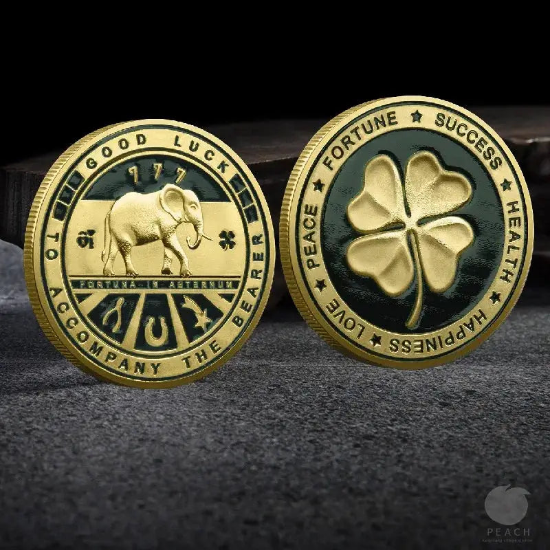Double Sided Lucky Coin From Four Leaf And Elephant Collection Commemorative Coin For Happiness Success Health And Peace