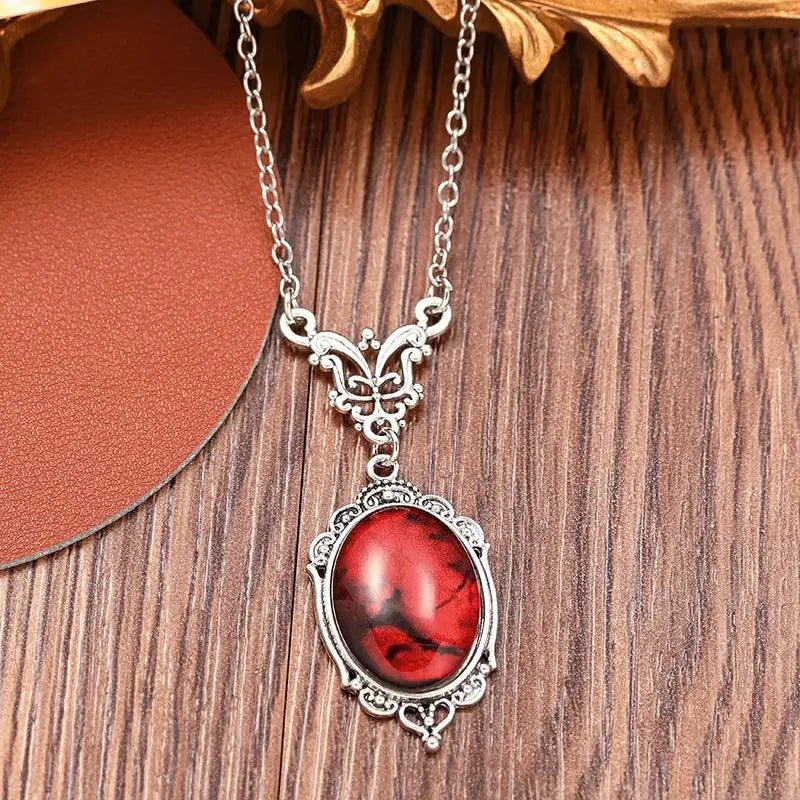 Gothic Blood Red Quartz Charm Necklace With Oval Pendant For Women Halloween Vampire Embossed Witch Jewelry Vintage Chokers - Simples Market