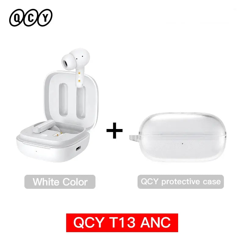 QCY T13 ANC wireless earphones in white with charging case and protective case, 2-item set