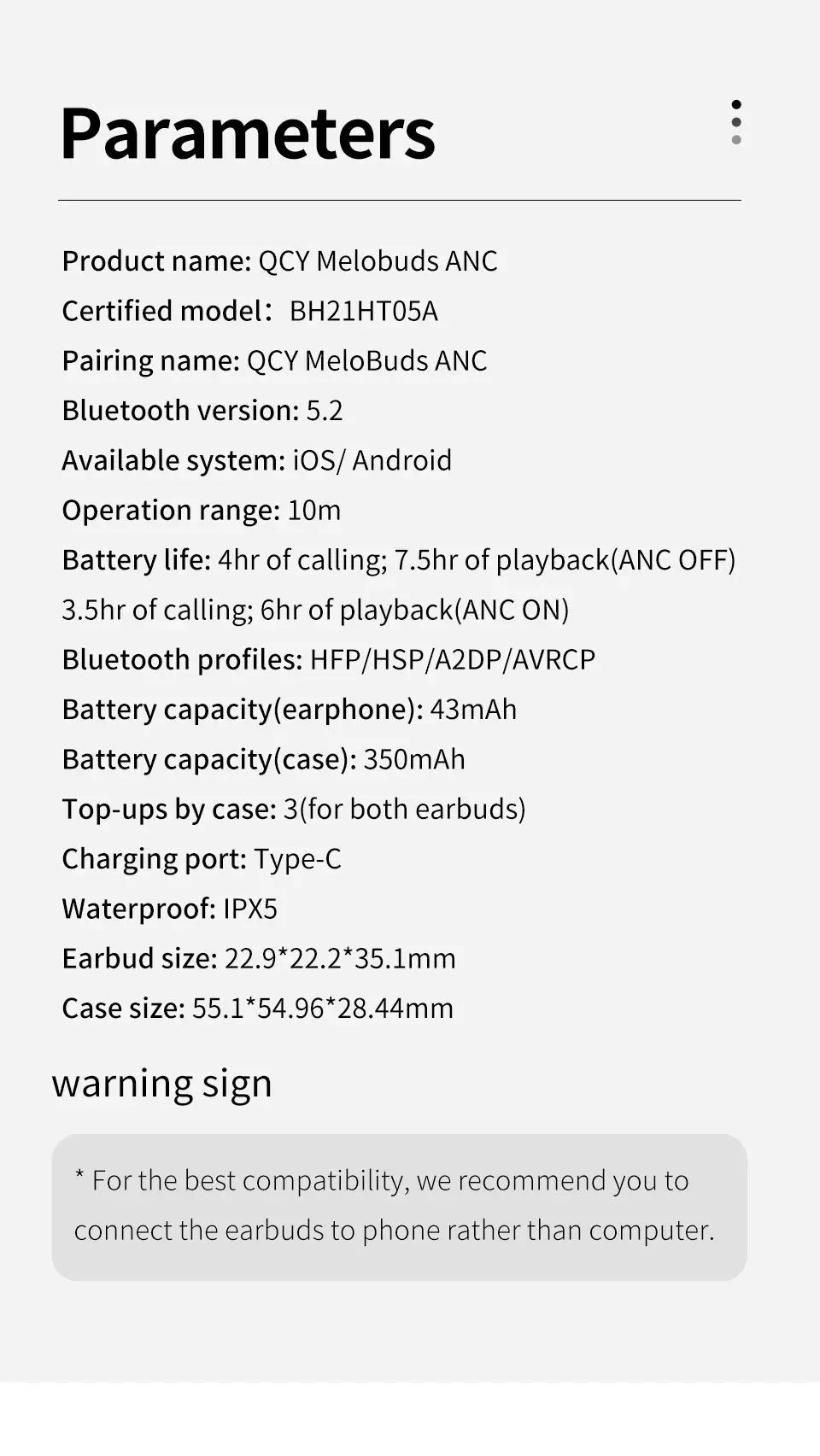 QCY Melobuds ANC wireless earbuds with Bluetooth 5.2, ENC HD calls, 6 mics, Type-C charging, IPX5 waterproof
