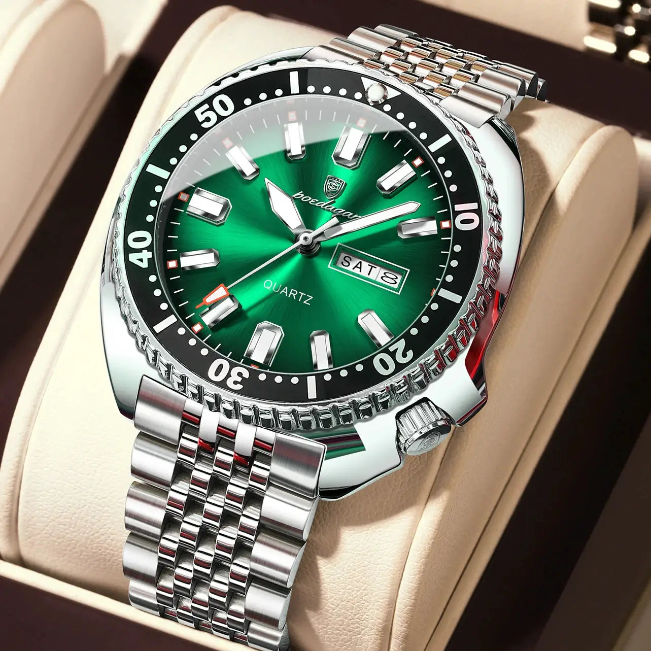 POEDAGAR men's stainless steel luxury wristwatch with green dial and date window