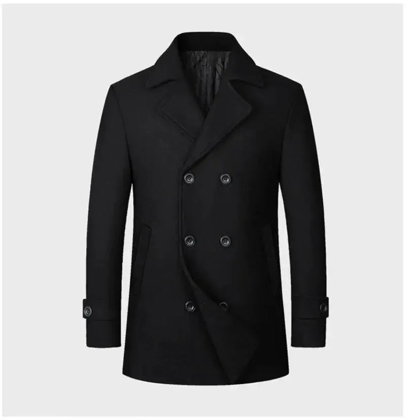 Men's black double-breasted wool overcoat, long trench style by Simples Market