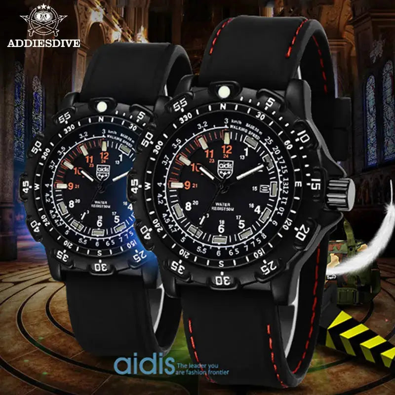 Addiesdive military watches pair with black straps featuring red stitching, luminous dials, waterproof quartz for men.