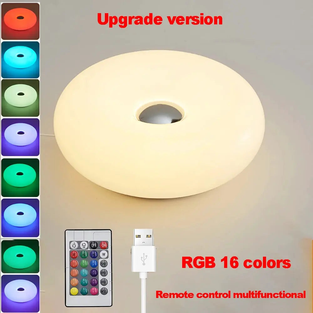 Bauhaus donut table lamp with USB plug by Simples Market; white finish, RGB 16 colors with remote control