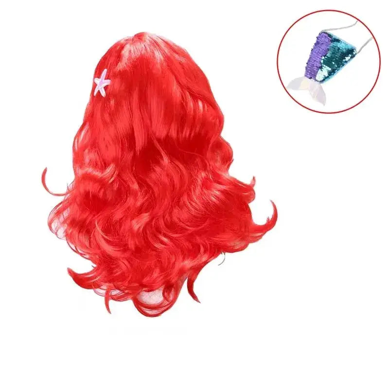 Mermaid wig for girls, red long wavy synthetic hair with starfish clip