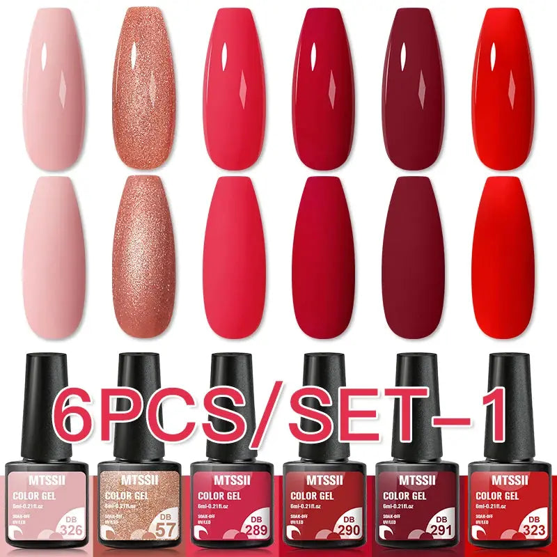 Simples Market 6-pack gel nail polish set in pink, glitter and red shades with soak-off UV gel bottles