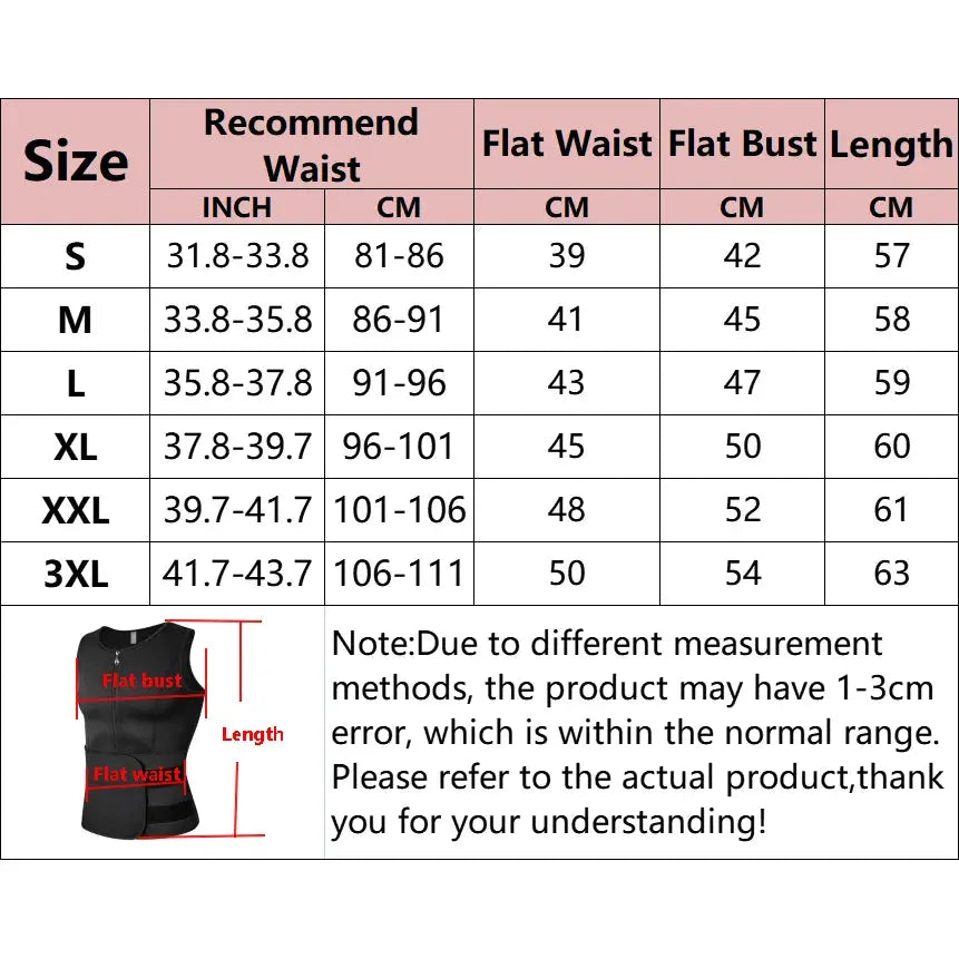 Simples Market men's waist trainer sauna vest in black with red measurement diagram