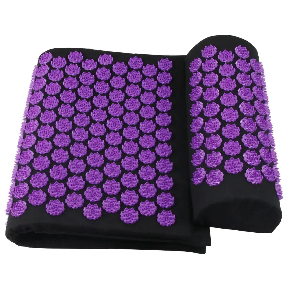 Acupressure mat and Kuznetsov applicator pillow by Simples Market, black fabric with purple spikes (set of 2)