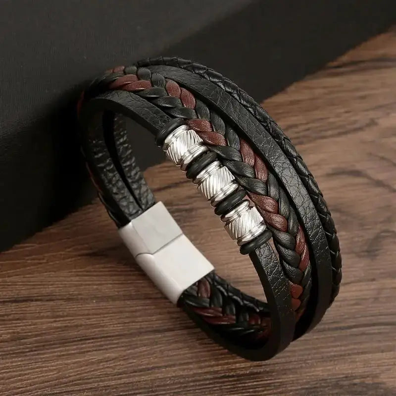 Classic Mens Leather Bracelet Hand Woven Multi Layer Style Fashion Jewelry For Men Durable Casual Accessory