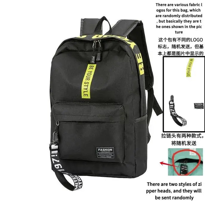 Simples Market fashion trend backpack, black large-capacity school bag with yellow strap accents and front pocket