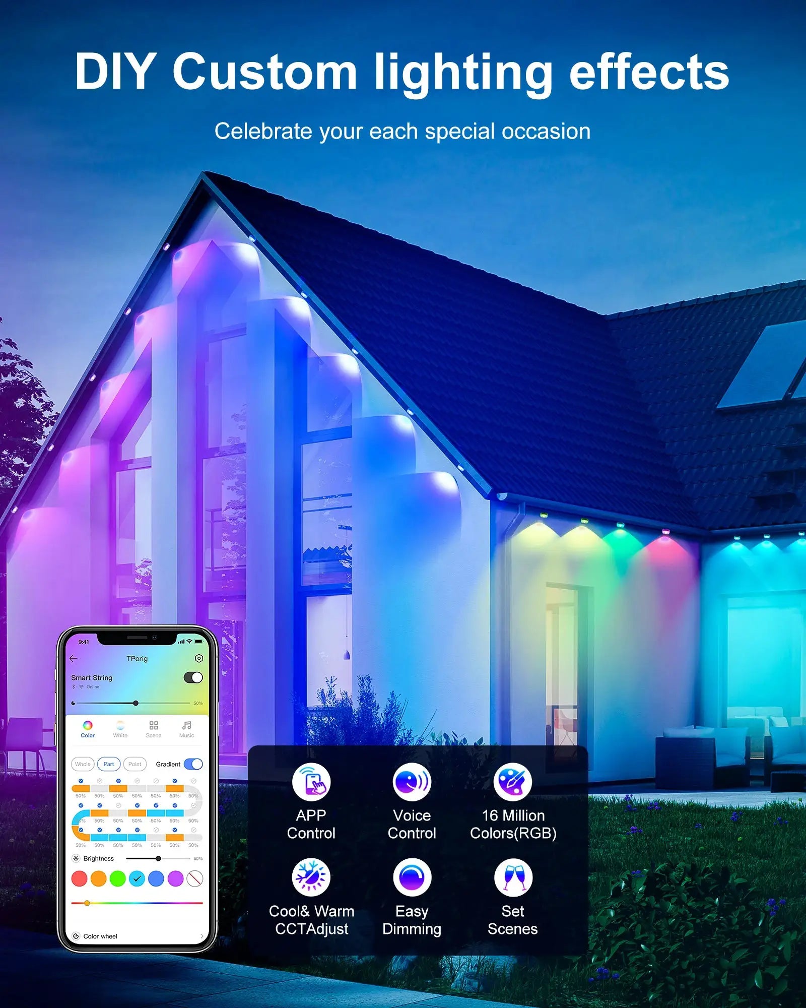 Simples Market permanent outdoor RGBIC lights, multicolor LED string (100ft/150ft), IP67 waterproof, app control