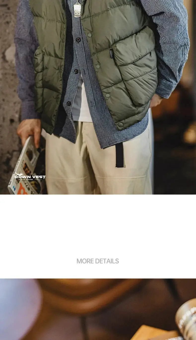 Maden men's down vest olive green, quilted with large double side pockets