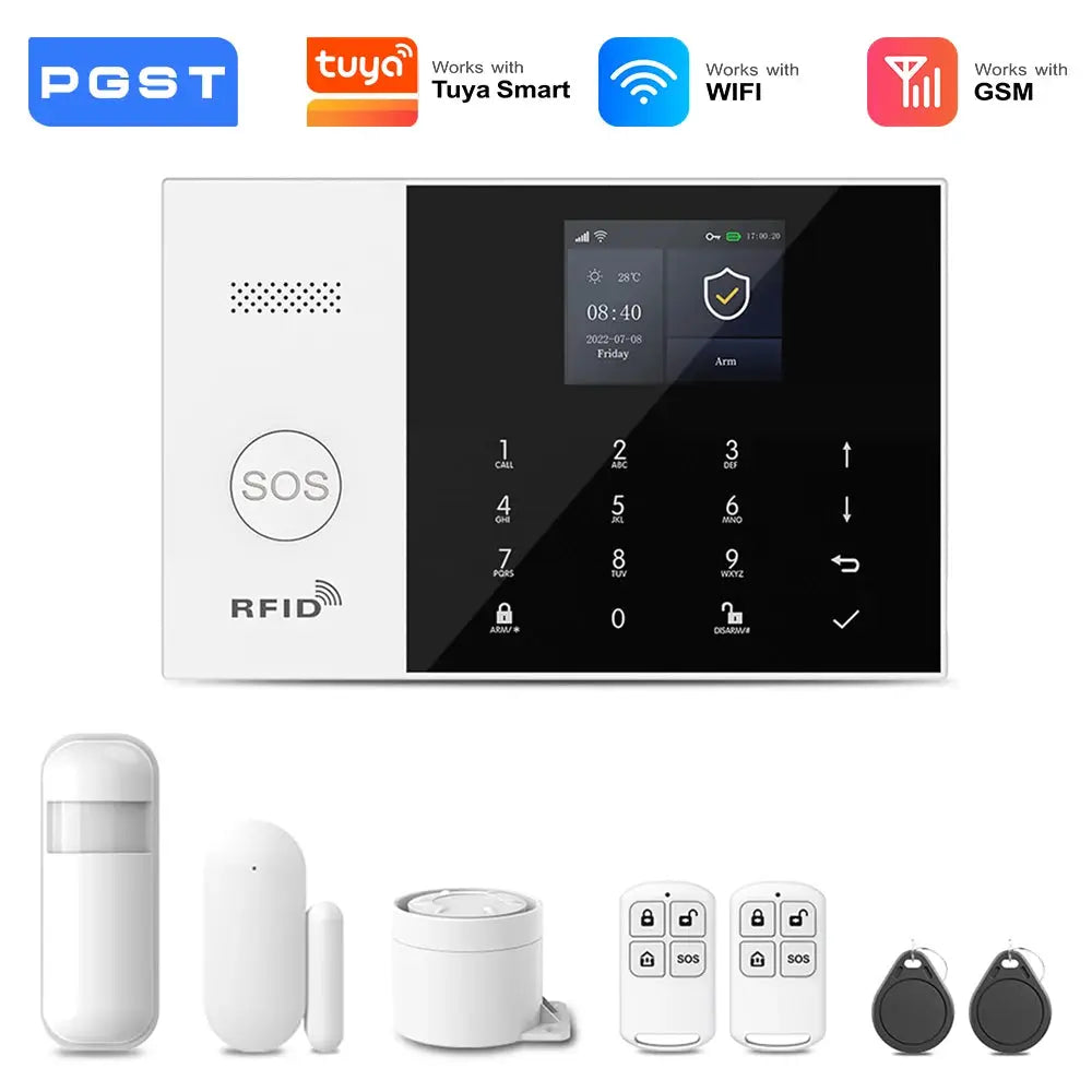 PGST WiFi 2G GSM home alarm kit by Simples Market; touchscreen panel, RFID, 2 remotes, 2 key fobs, door sensors, motion.