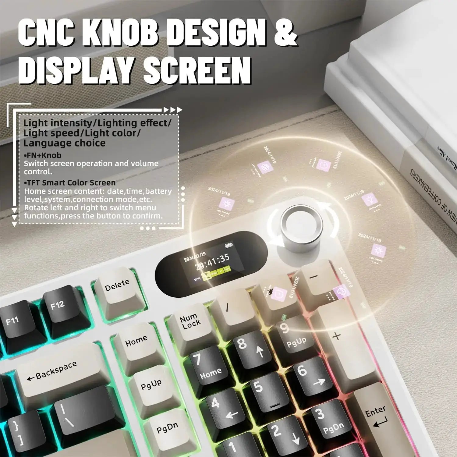 ATTACK SHARK X98Pro wireless mechanical keyboard with screen and knob, RGB backlit, white finish by Simples Market