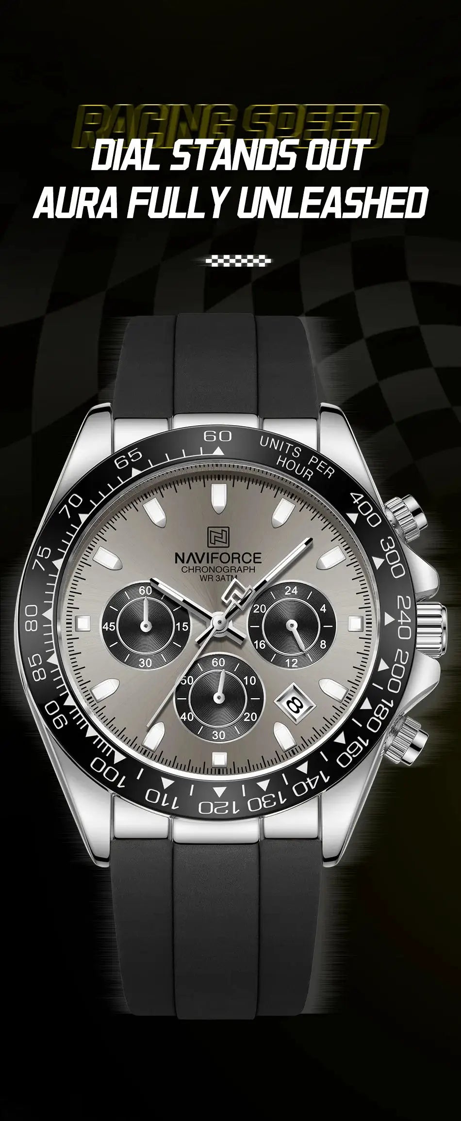 NAVIFORCE chronograph men's watch with black silicone strap, silver dial, stainless steel case and 3 subdials