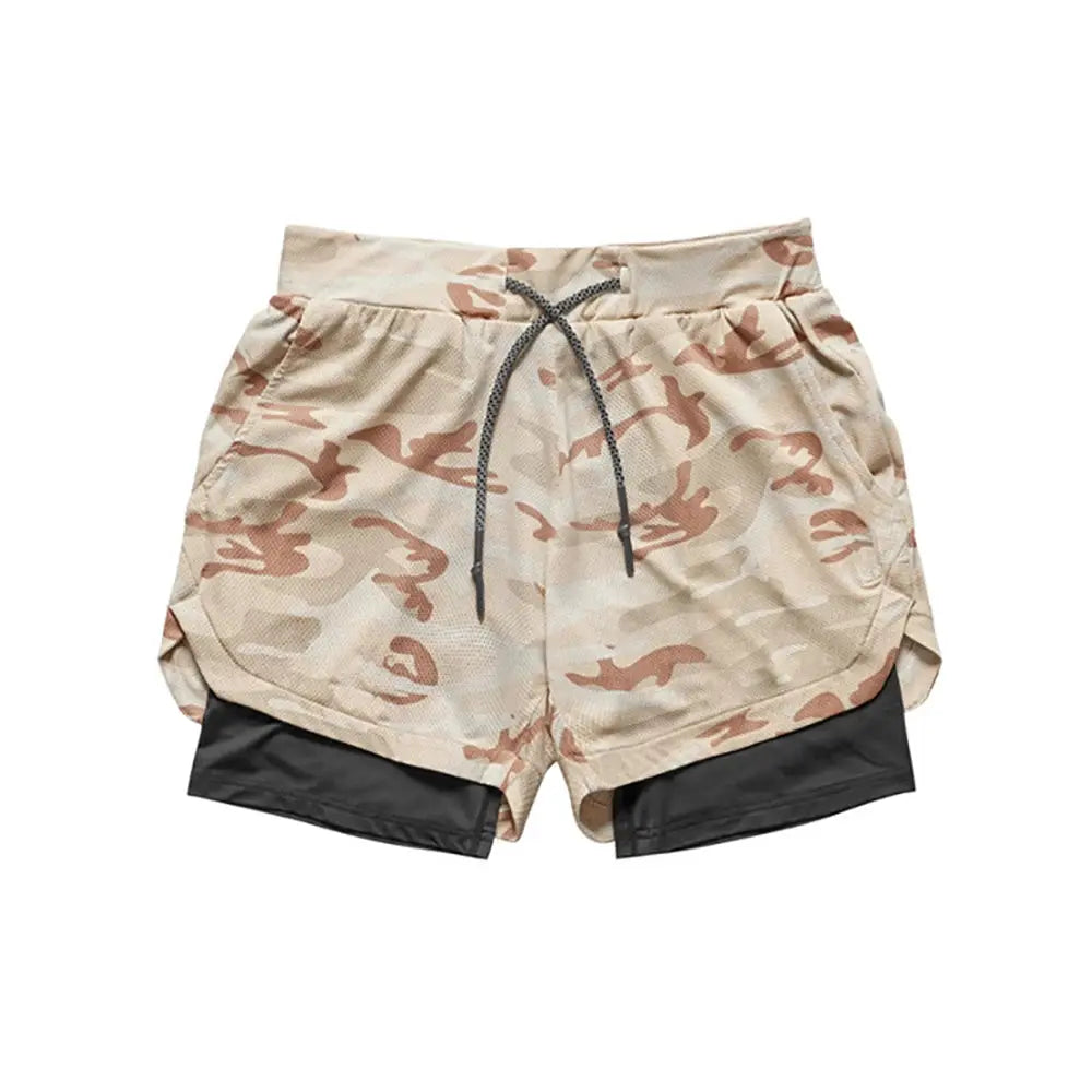 Men's 2-in-1 quick-dry gym shorts in desert camo with black inner layer and drawstring.