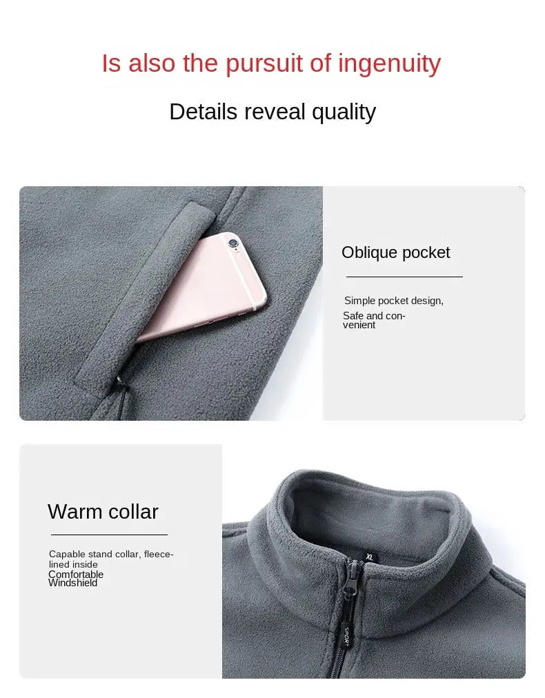 Plus-size men's warm grey fleece vest with oblique pocket and stand collar