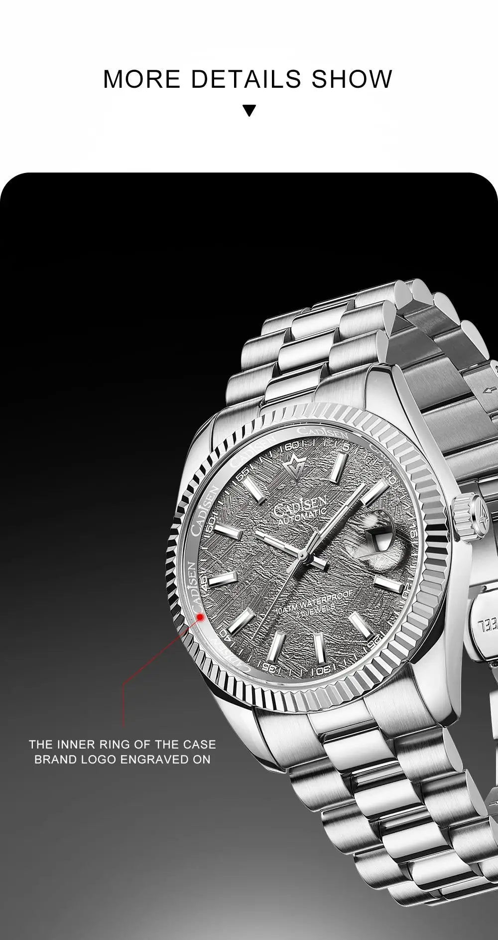 CADISEN men's automatic watch with stainless steel bracelet, textured dial and inner-ring logo; 10 ATM water resistant