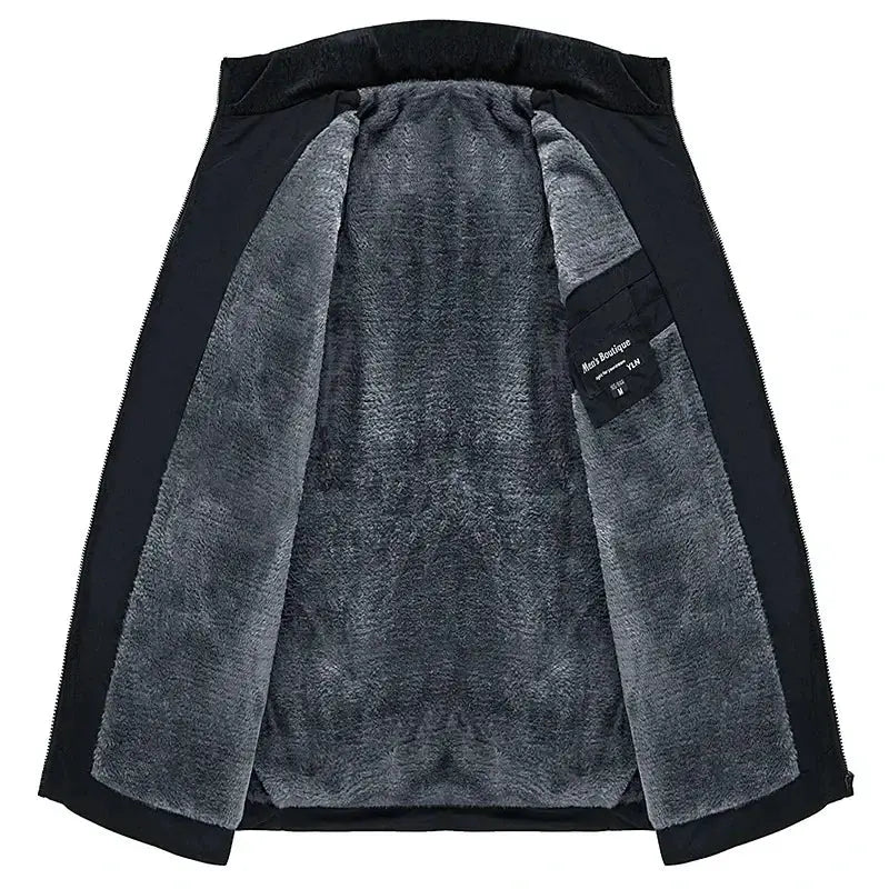 Men's puffer jacket with black shell and grey plush interior, thick padded coat with stand collar