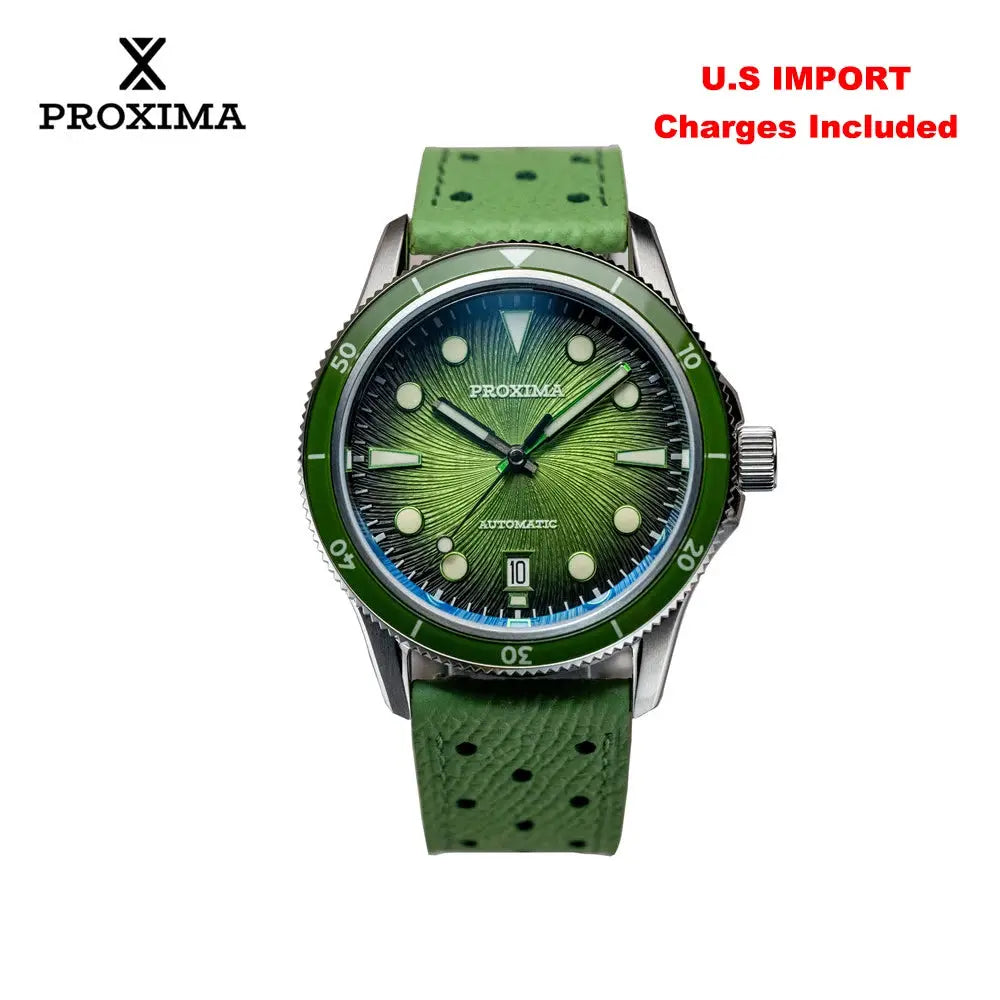 Proxima 39mm dive watch with green dial and bezel, perforated green strap, automatic mechanical, 100m WR
